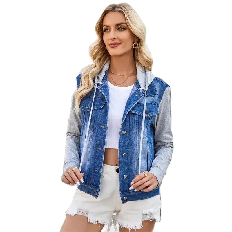 Spring Autumn New Detachable Hooded Denim Jacket Women Single-breasted Cardigan Splice Long Sleeve Female Casual Outerwear Coat