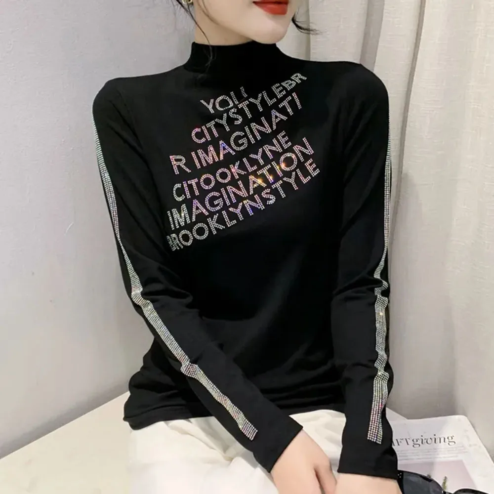 Fashion Diamonds Letter Turtleneck T-Shirt Female Clothing 2023 Autumn Winter Casual Oversize Pullovers Commuter Tee Shirt 4XL