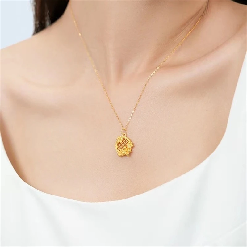 999 Pure Real Gold 24K Flower Pendant Necklace Fine Jewelry For Woman Gift Fine Jewelry