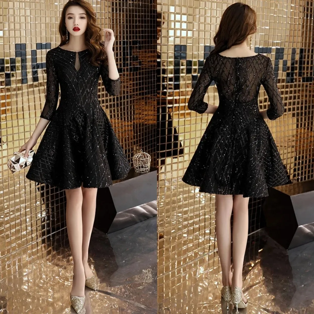 Prom Gown Wowan Black Sequins O-neck 3/4 Sleeves Zipper Back A-line Pleat Above knee Mini Women Party Formal Dress Plus size