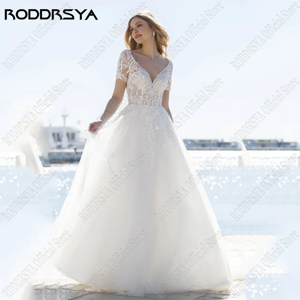 RODDRSY Civil Wedding Dresses For Woman Double V-Neck Backless Bride Gowns Beach Short Sleeves A-Line Applique vestido de noiva