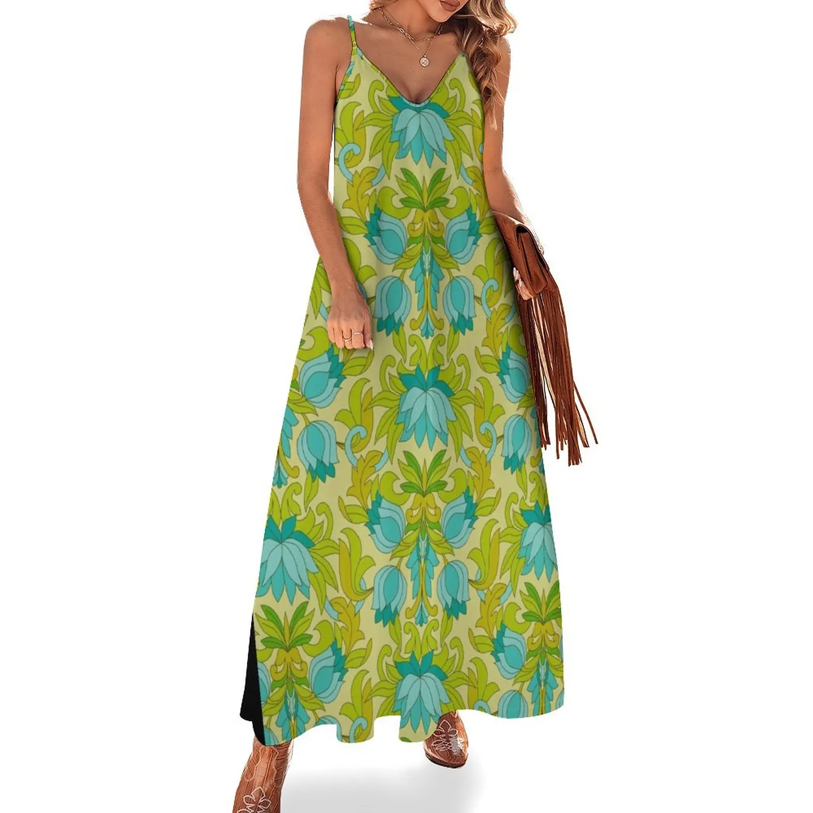 

Turquoise and Green Leaves 1960s Retro Vintage Pattern Sleeveless Dress Women dresses summer luxury dress Woman's evening dress