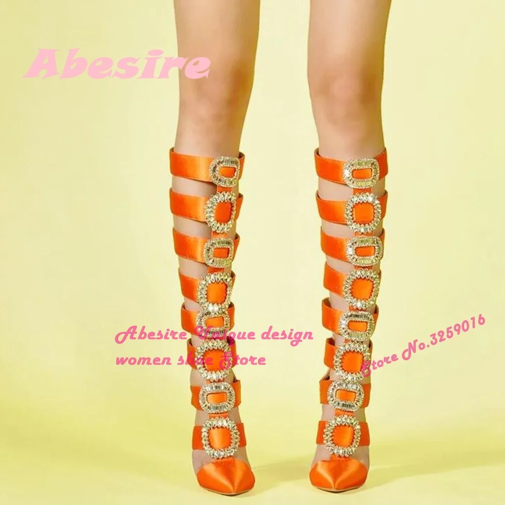 Orange Big Buckle Knee High Sandals Pointy Toe Satin Cut Out Thin Heels Women's Sandal Boots Summer 2023 New Party Sexy Shoes