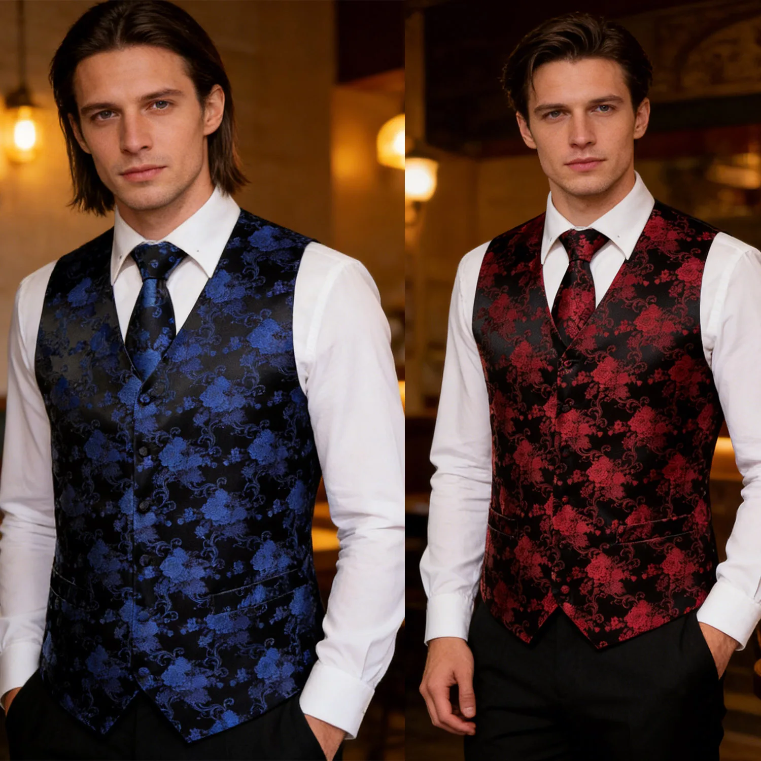 

Men's Wine Red Blue Floral V-Collar Vest Waistcoat With Hankerchief Cufflinks Fit Wedding Party Gift Daily outfit