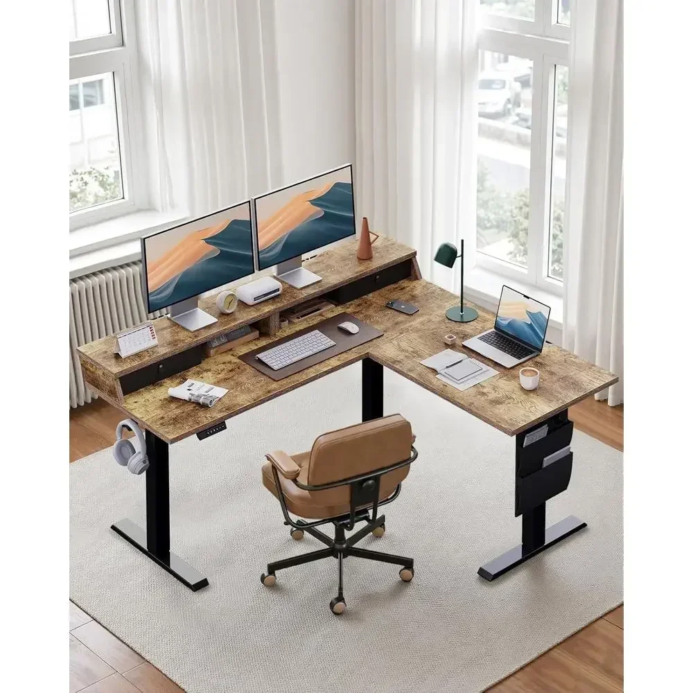 Vintage Brown L-Shaped Electric Standing Desk, 63 Adjustable Height Desk with Storage for Home Office