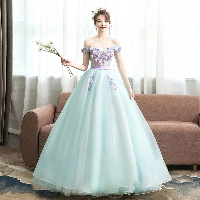 Vestidos de quinceañera elegantes, vestido de baile con apliques, hombros descubiertos, largo hasta el suelo, talla grande