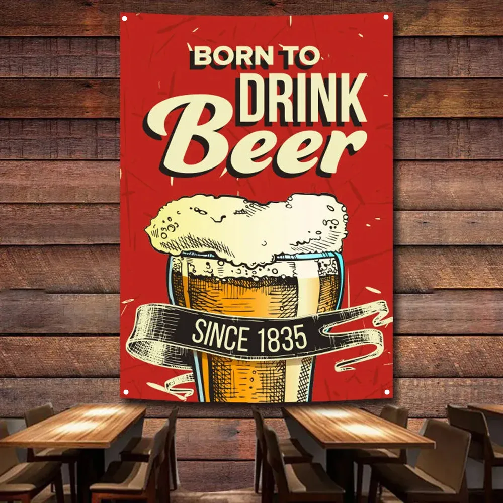 BORN TO DRINL BEER Banner Wall Hanging Flag Canvas Painting Beer Festival Posters and Prints Bar Pub Club Man Cave Wall Decor