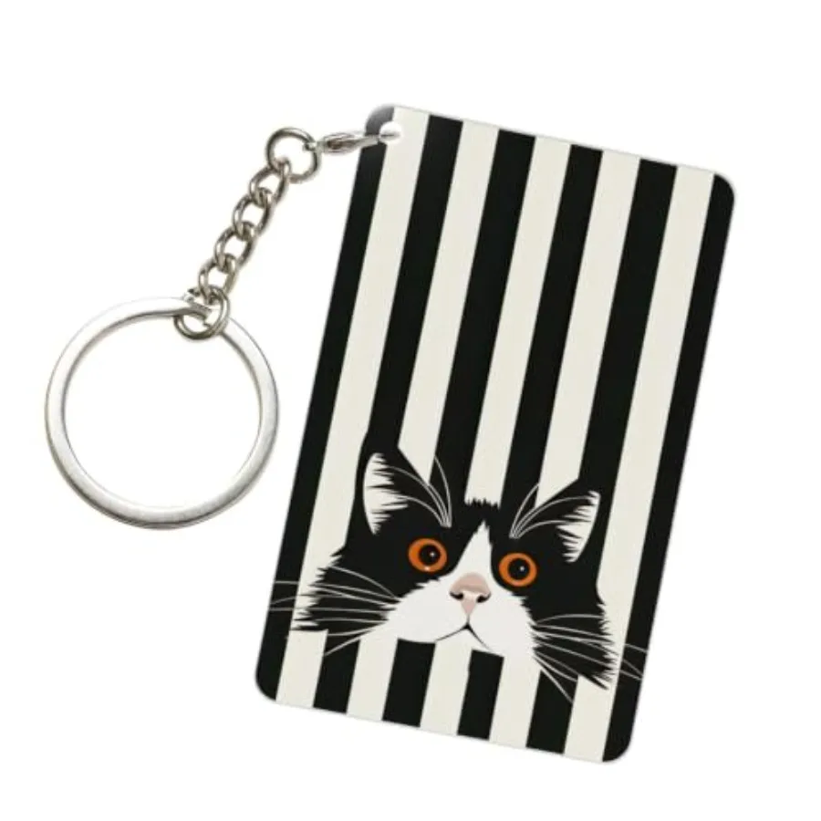

Cute cat black and white stripes Keychain Rectangle Acrylic Keychain with Key Ring Car Keys Chain 2X3 Inch Gifts