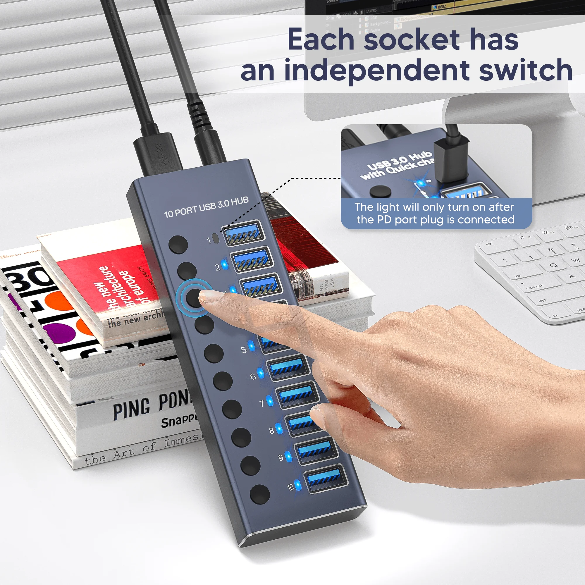 شاحن متعدد المنافذ ذو 10 منافذ مع محطة إرساء USB 3.0 HUB من النوع C جهاز شحن محور الكمبيوتر لأجهزة USB-C