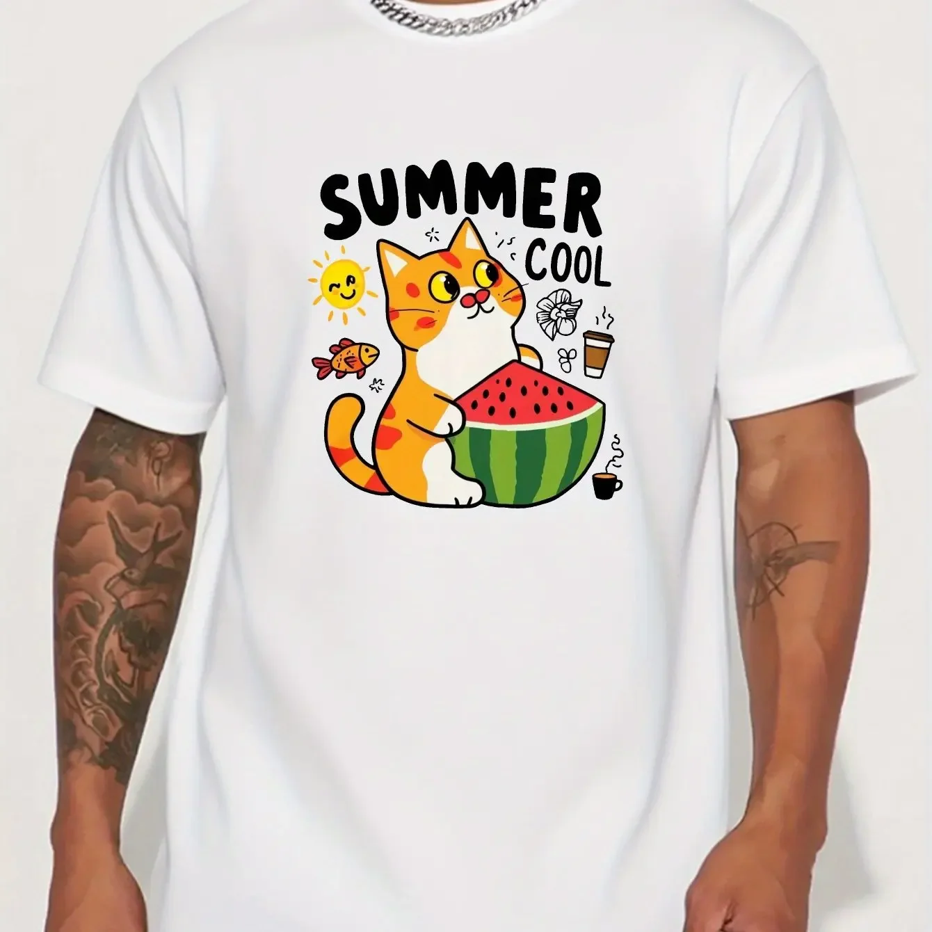 Cute Doodle Summer Cool Orange Cat Watermelon Print Men's 100% Cotton T-shirt Casual O-neck Short Sleeve Streetwear Tops