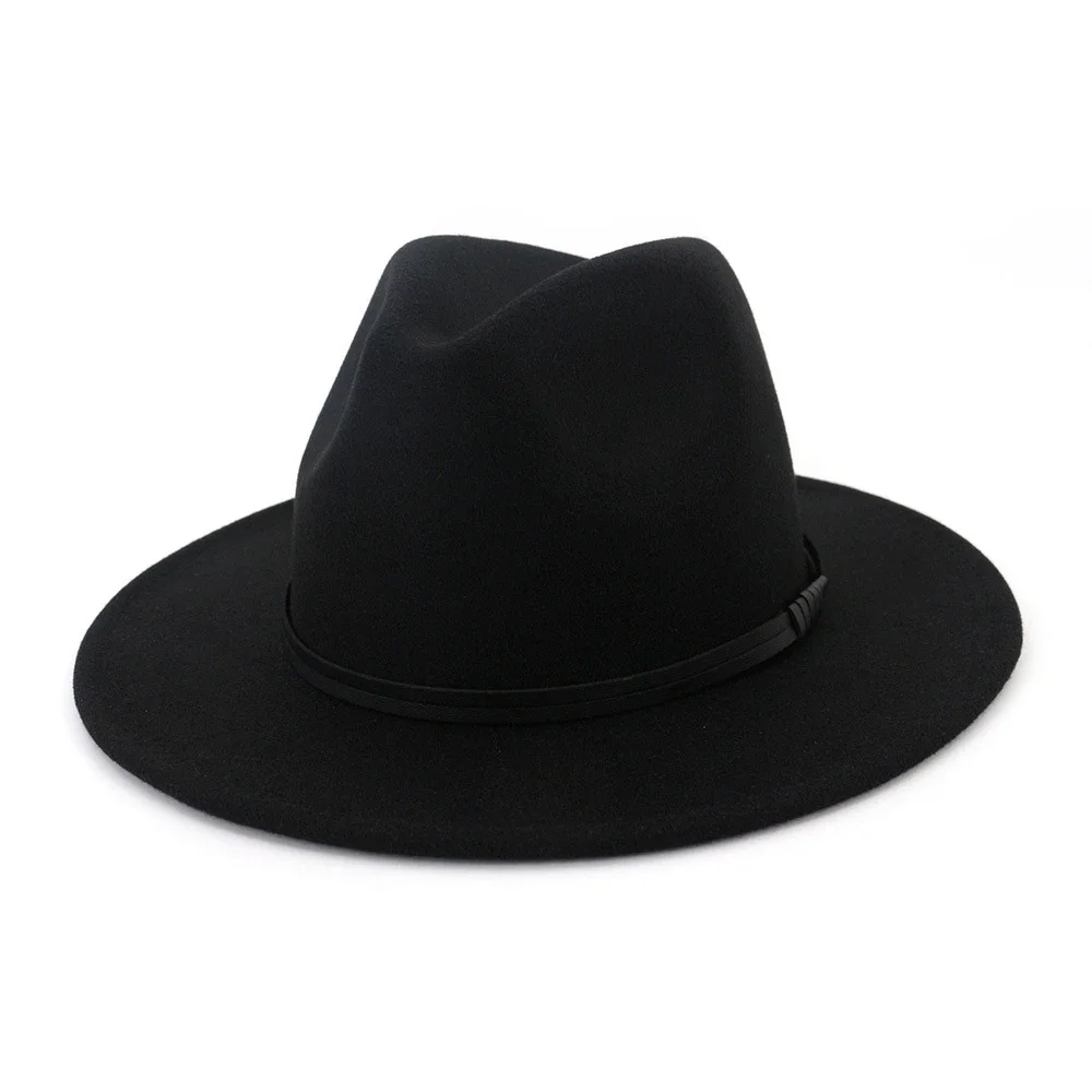 

Black Fedora Hat Men Women Fedora Hat Casual Wide Brim Tribby Hat with Leather Belt Solid Vintage Autumn Winter New Brand