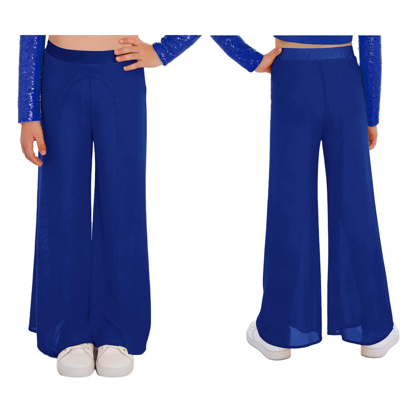 

Girls Ballet Lyrical Dance Pants Bottoms Elastic Waist Mesh Wide-Leg Dance Pants with Built-in Briefs Performance Competition