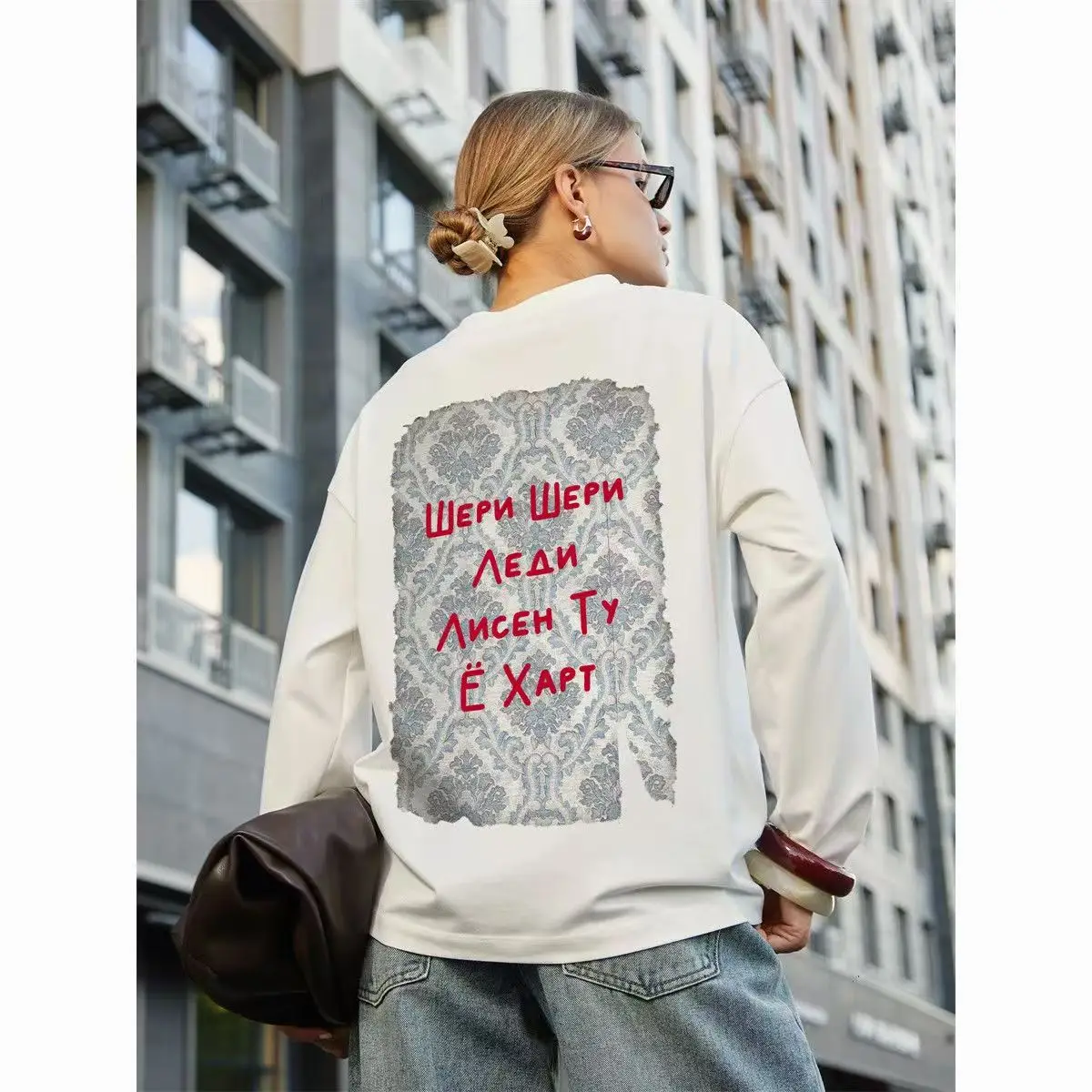 Damascus Carpet Pattern Print Russian Style White Graphic T Shirts Women Long Sleeve 100% Cotton Tshirt Casual Y2k Tops Spring