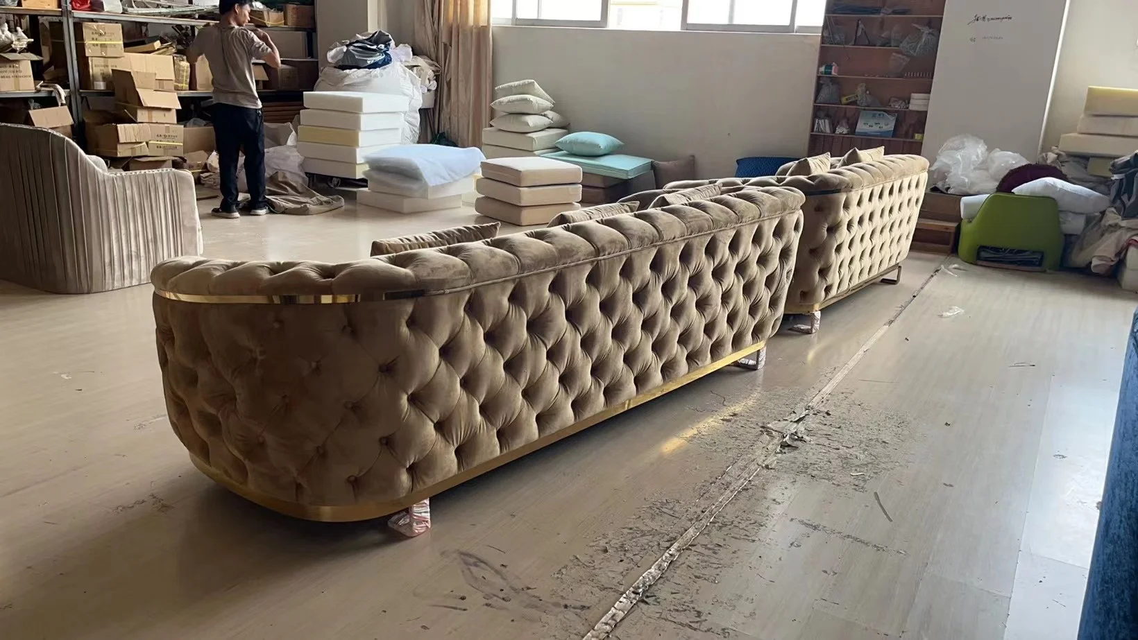 Luxury Modular Fabric Sofa Set Home Hotel Stainless Steel Velvet Button Tufted Upholstered Couch Sectional Living Room Sofas - view 5