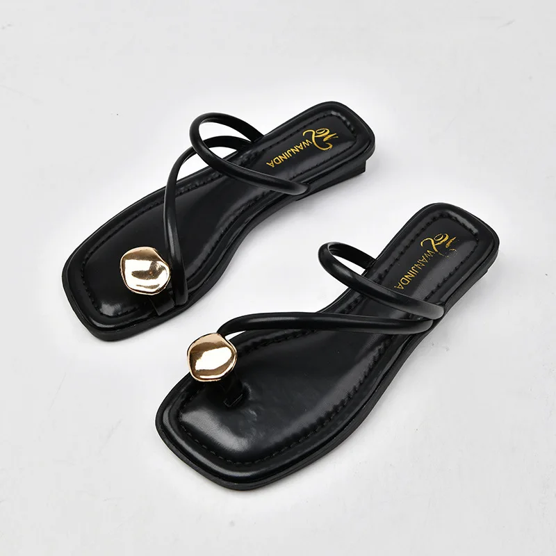 Women Sandals Narrow Band Fashion Metal Decoration Low Heel Slip on Summer Female Slipper Elegant Slides Outdoor Beach Flip Flop