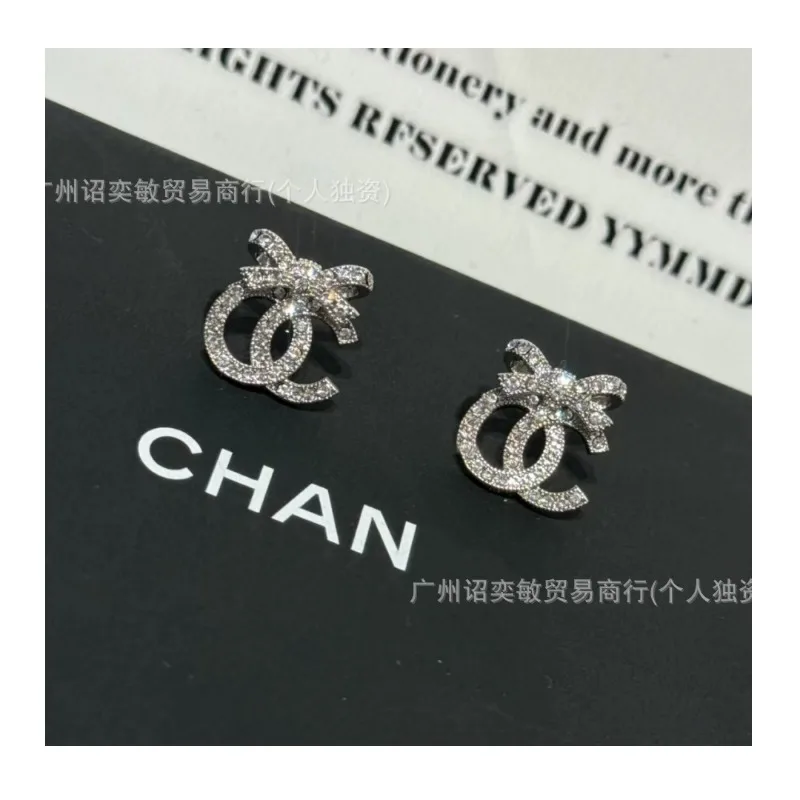 

High Quality Real Shot Double Full Diamond Bow Stud Earrings Female Sweet Design Fashion Stud Earrings