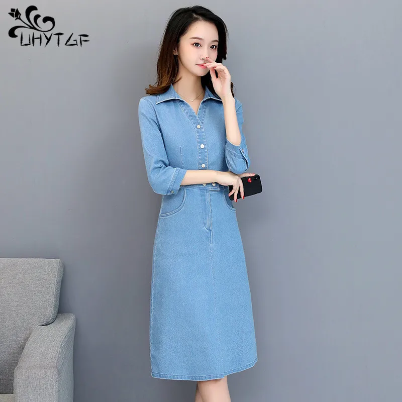 

UHYTGF Casual Denim Dress Women Korean Single-breasted Dress Spring Autumn Clothes Slim Long Sleeve Jeans Dresses Female 1037