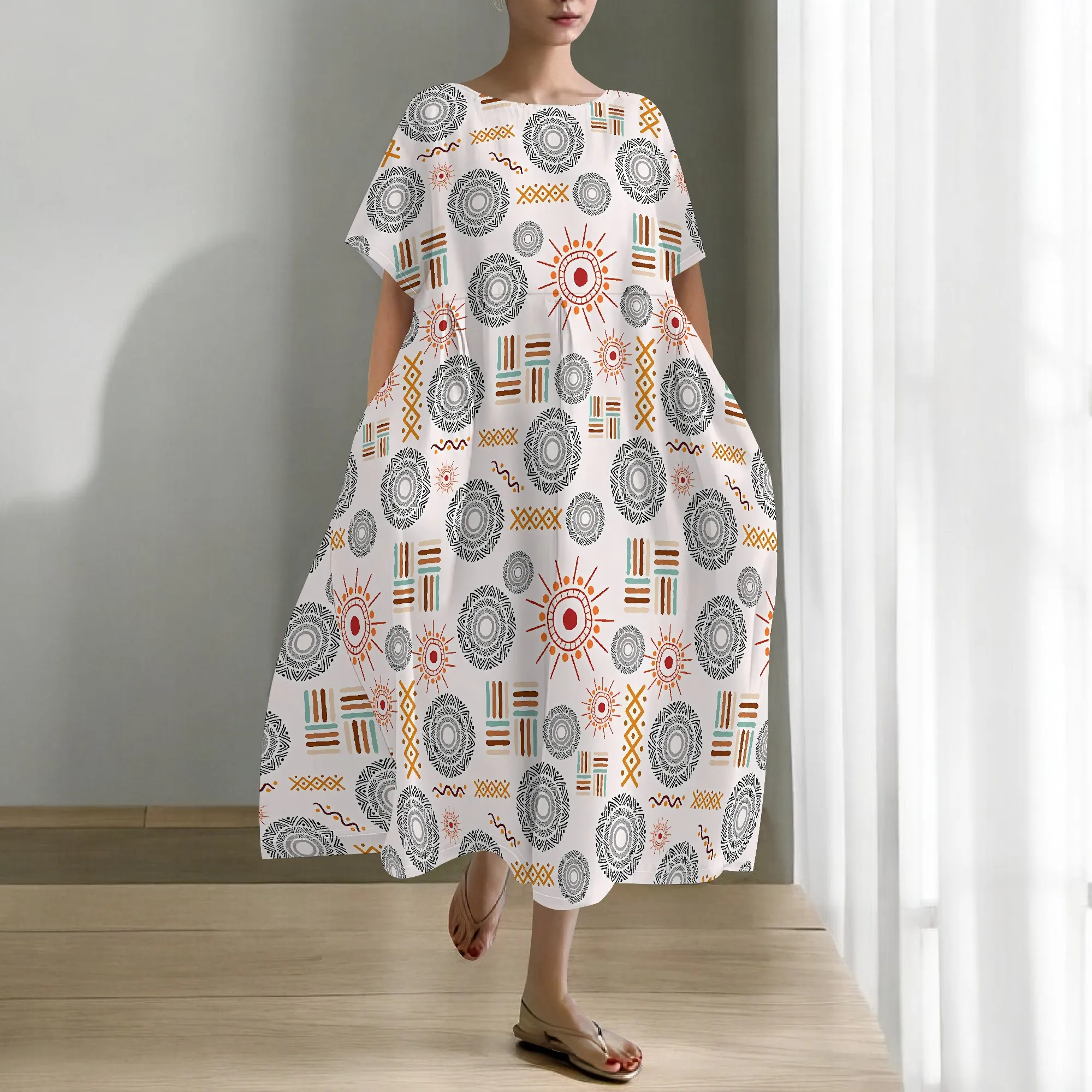 EQQZD Abito girocollo a maniche corte da donna, elegante abito casual con stampa modello stile Boho con tasche