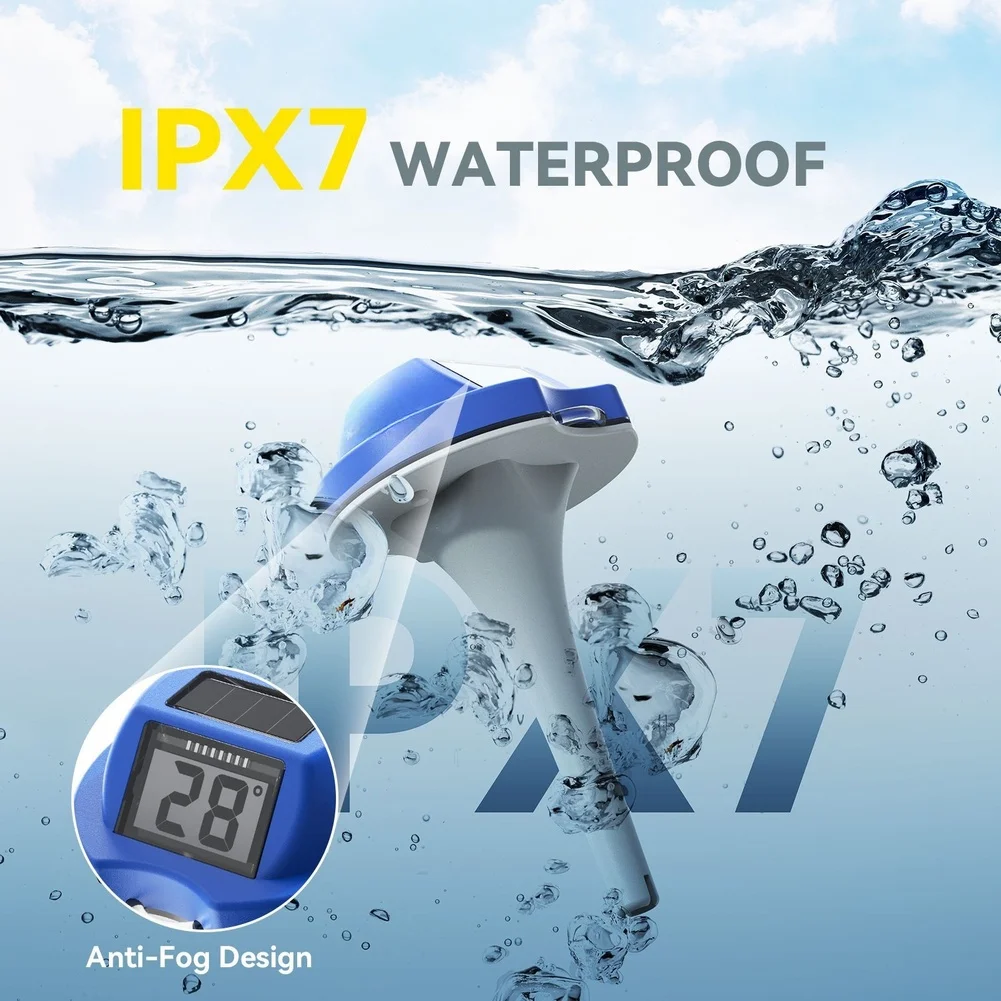B0579T Solar Powered Dual Display Pool Thermometer IP68 Waterproof ABS Construction Real Time Temperature Readings Every 5 Sec