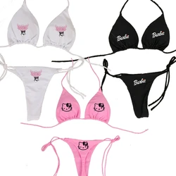 Anime Hello Kitty Halterneck Three-point Bikini Sexy Swimsuit for Women 2pcs Split Straps Adjustable Thong Bra Girls Gift