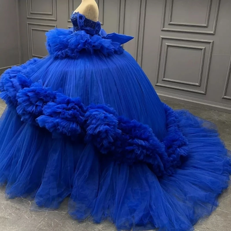 فساتين Quinceanera باللون الأزرق الملكي قبالة الكتف الدانتيل الخرز تول المتدرج الحلو 16 فستان حفلة عيد ميلاد فستان Vestido De Vx 15 Anos