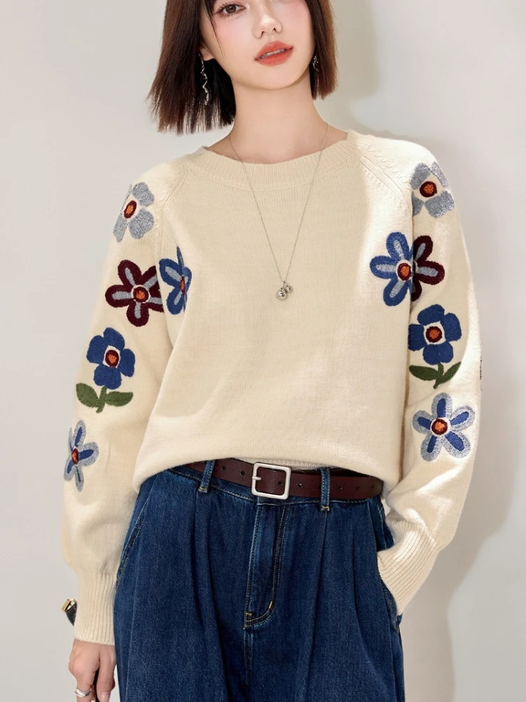 2025 nouveau Style paresseux coréen 3D fleur tricoté pull femmes Vintage mode col rond à manches longues abricot pull tricots hauts