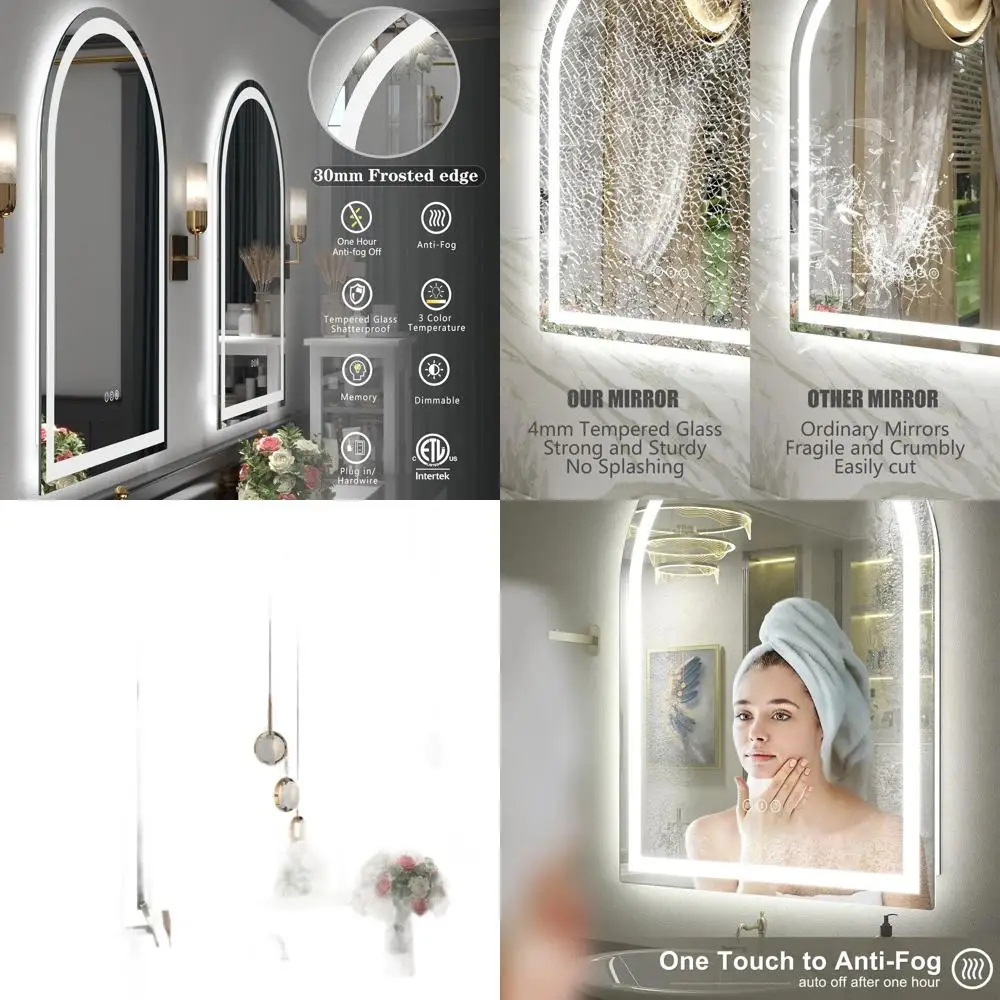 

26x36 Inch Arched LED Bathroom Mirror with Dimmable Backlighting, Frontlit Vanity, Shatterproof, Anti-Fog, 3 Color Options, Memo