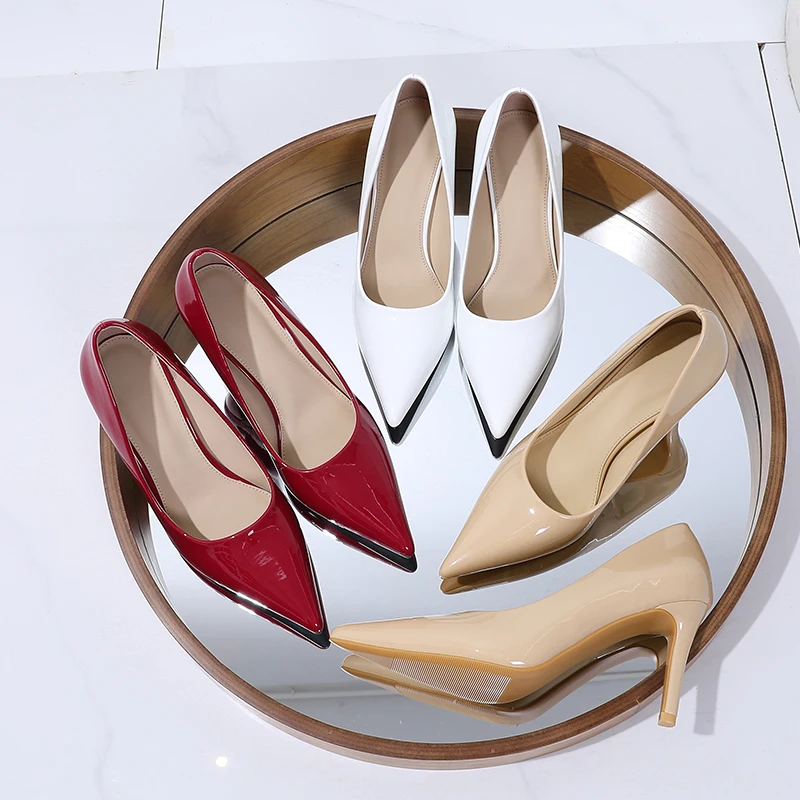 2025 New Multi-Color Patent Leather Closed-Toe Pointed High Heels, Women's Classic Shallow Stiletto Pumps, Versatile Women's Shoes for Commuting and Parties (Available in Red/White/Nude)