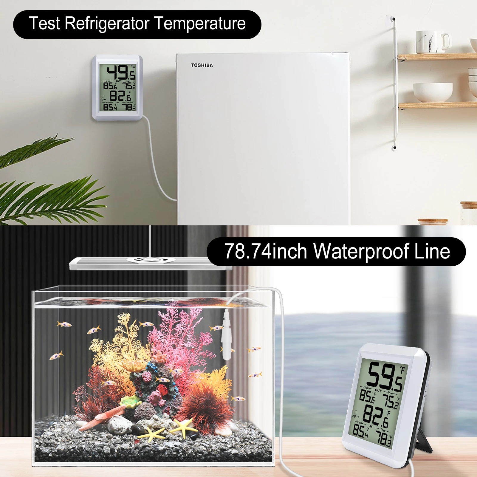 MASTFUYI LCD مقياس درجة الحرارة والرطوبة الرقمي للمنزل داخلي وخارجي مع محطة طقس صغيرة لتسجيل الحد الأدنى/الحد الأقصى
