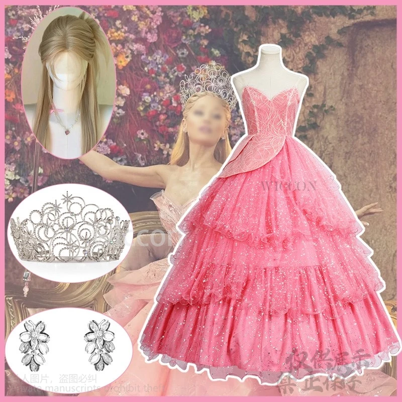 Glinda Wicked Cosplay Anime Movie Costume Abito rosa Lolita Sera Abito carino Parrucca Halo Earing Set per ragazze di Halloween personalizzate
