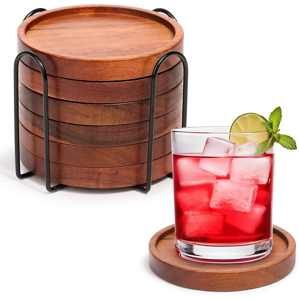 

Set of 6 Acacia Wood Coasters with Holder, Perfect for Home or Outdoor Bar, Patio Decor