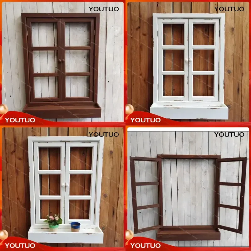 Retro Fake Window Wall Hanging Decoration Real Wood Simulation Pendant Creative Garden Photography Prop Vintage Home Decor