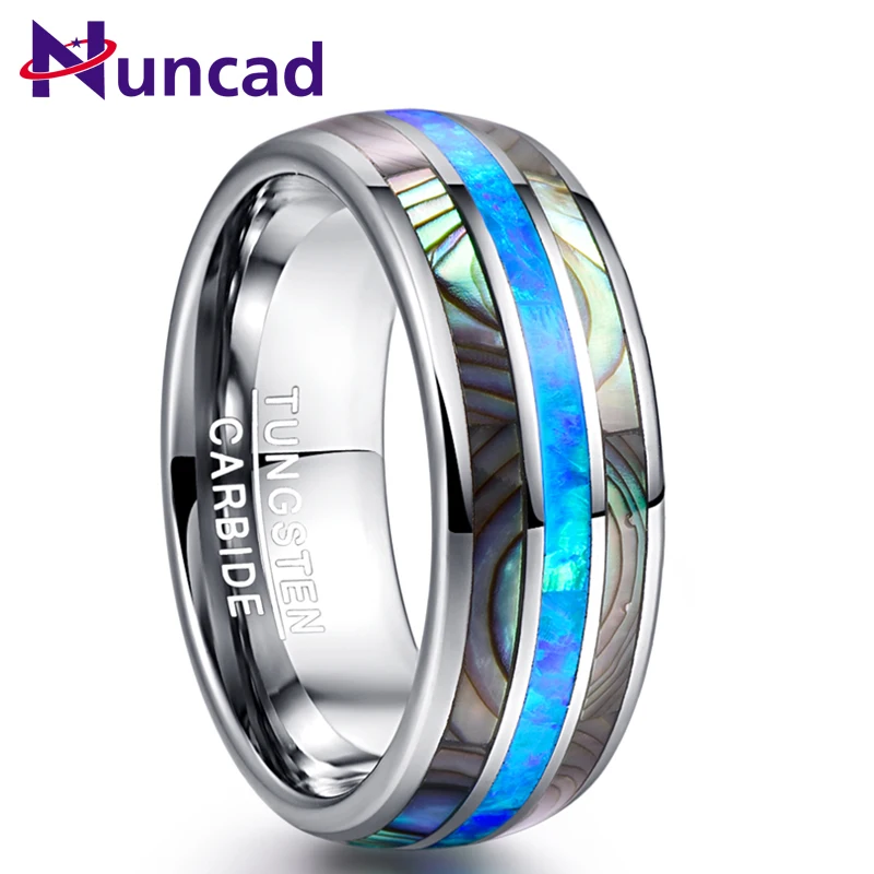 Nuncad 8mm Blue Opal Tungsten Carbide Rings Inlaid Natural Shells Anniversary Party Jewelry Gift Silver Color Rings T151R