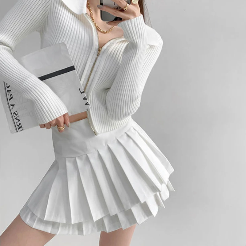 Preppy Style Double Pleated Skirt Women Summer Sexy Casual High Waist Patchwork Solid A-line Mini Skirt Korean Y2k Skirt