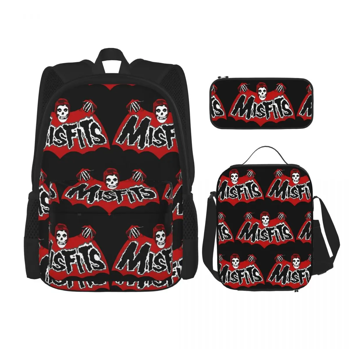 Bat Skull Misfits Skull Mesh Backpacks Boys Girls Bookbag Children School Bags Kids Rucksack Lunch Bag Pen Bag Three-Piece Set