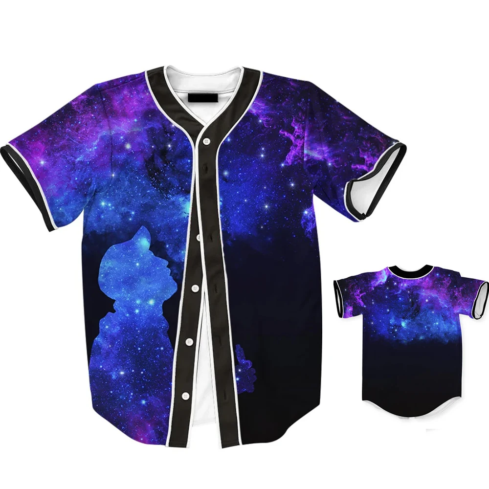 Skull Harajuku Hip Hop High Street Baseball Shirt Gradient Starry Sky 3d Hd Printed Short Sleeve Top MB27