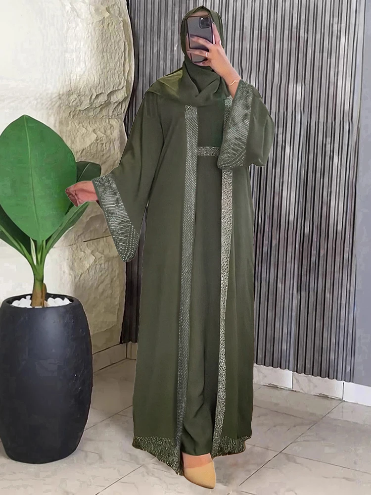 

Luxury Hijab Abayas For Women Dubai Muslim Dress Islamic Clothing Caftan Marocain Femme Party Evening Gown Two PCS Set Outfits
