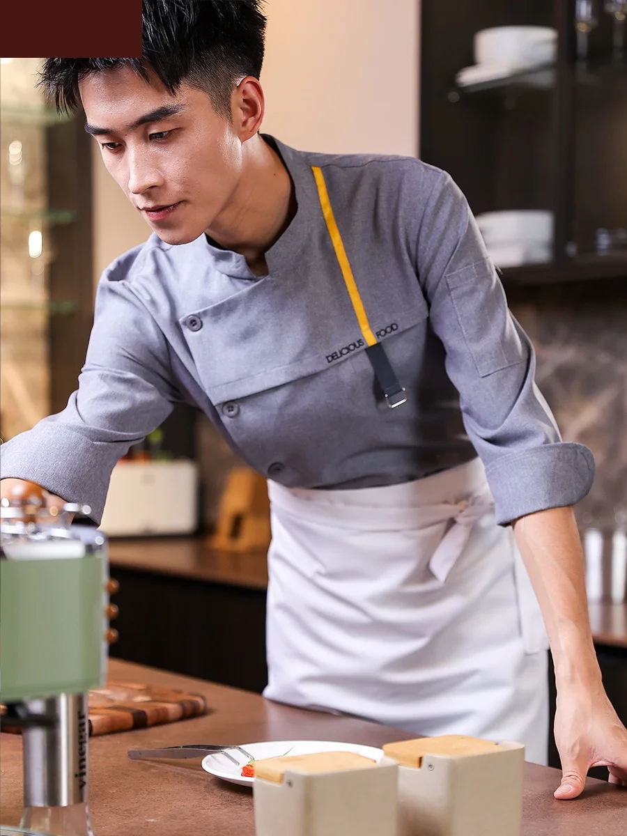 2023 Fashion Restaurant Hotel Chef Long-sleeved Coat Men's Autumn and Winter Logo Customize White Kitchen Uniform Executivechef