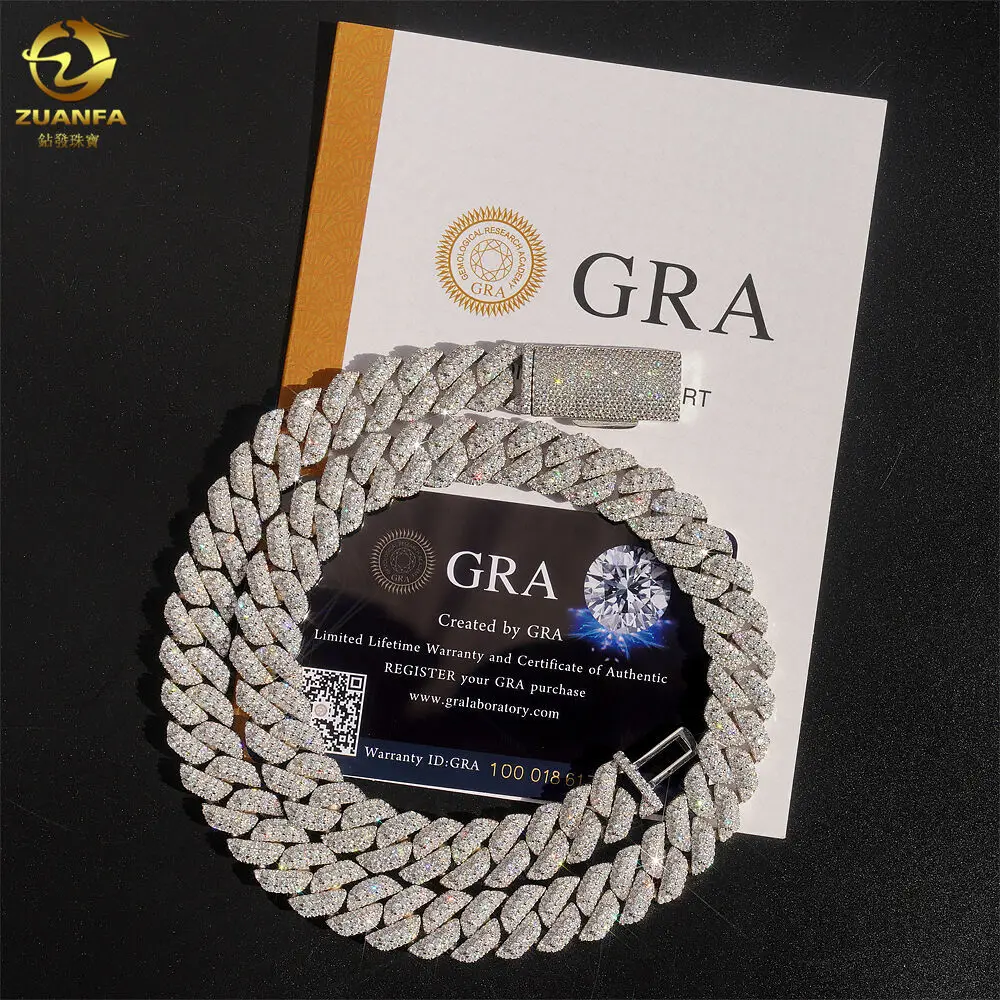 New Arrival Passed Diamond Tester 13mm 3rows S925 Silver Vvs Moissanite Chain Cuban Hip Hop Jewelry