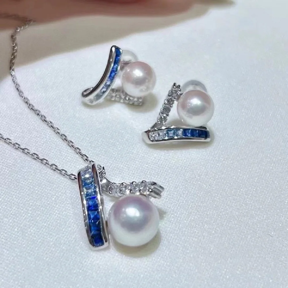 

Natural White Pearl AAAA8-9mm Japanese Round White Pearl Pendant 18inch+Earrings Set 925s