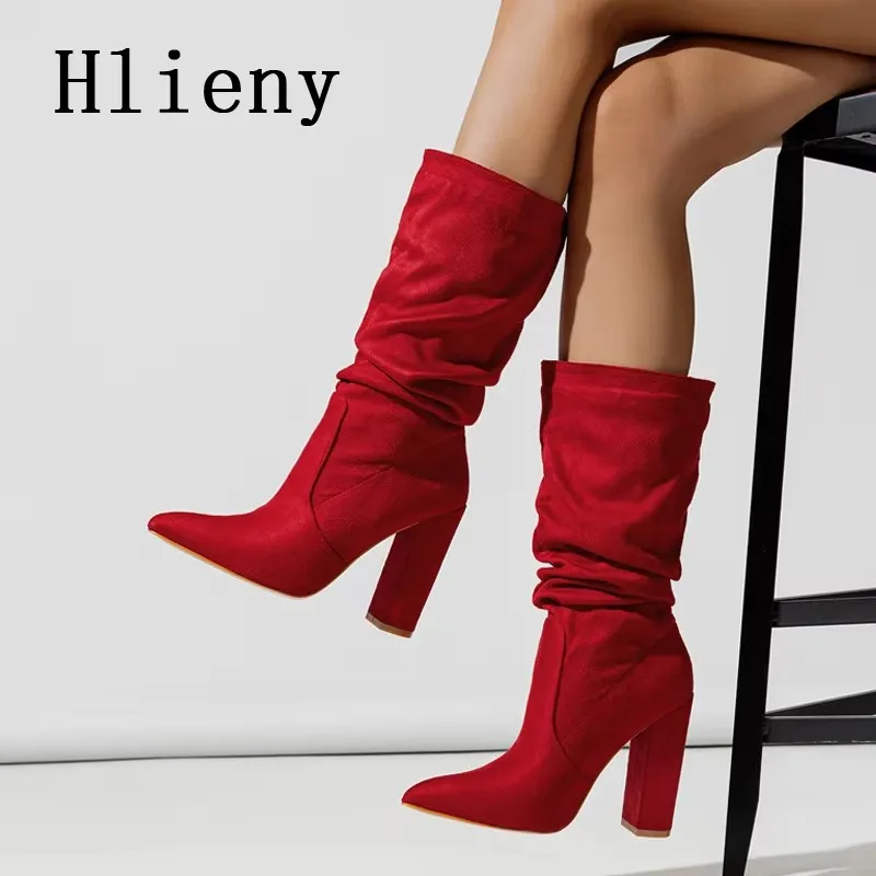 Hlieny moda negro rojo mujeres hasta la rodilla botas Sexy puntiagudas tacones altos cuadrados señoras cremallera larga zapatos femeninos tamaño 35-42