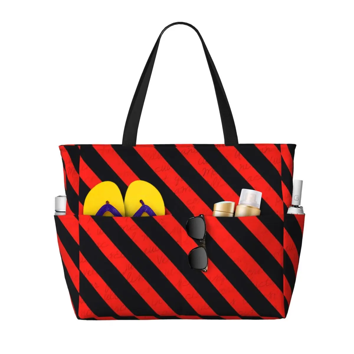 

Black And Red Stripes Striped Geometric Lines Beach Tote Bag Sport Gym Yoga Duffle Large Tote Bag Women Travel Bag Fitness bag