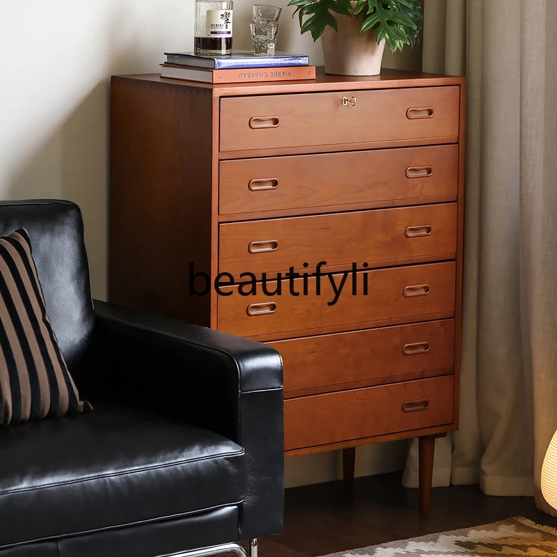 Nordic medieval retro style series/solid wood cherry wood vertical cabinet six-bucket bedroom inner wardrobe