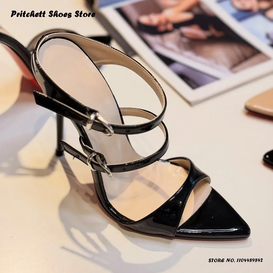 

Women's Double Buckle Straps Leather Mules Sexy Pointed Open Toe Thin Heels Shoes Office Ladies Pull On Fashion Party Stilettos