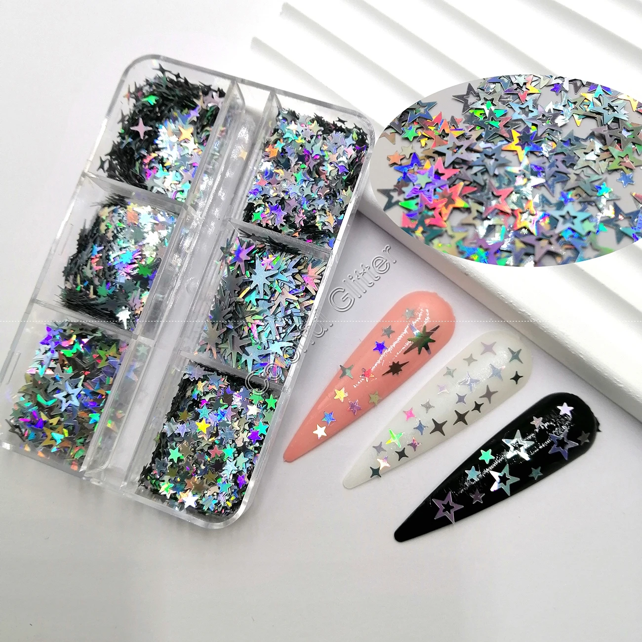 6Grid Holographic Silver Octagonal Hollow Star Glitter Mix Chunky Sequin Flake Shape forDIY Facepaint Nail Art Body Makeup Deco