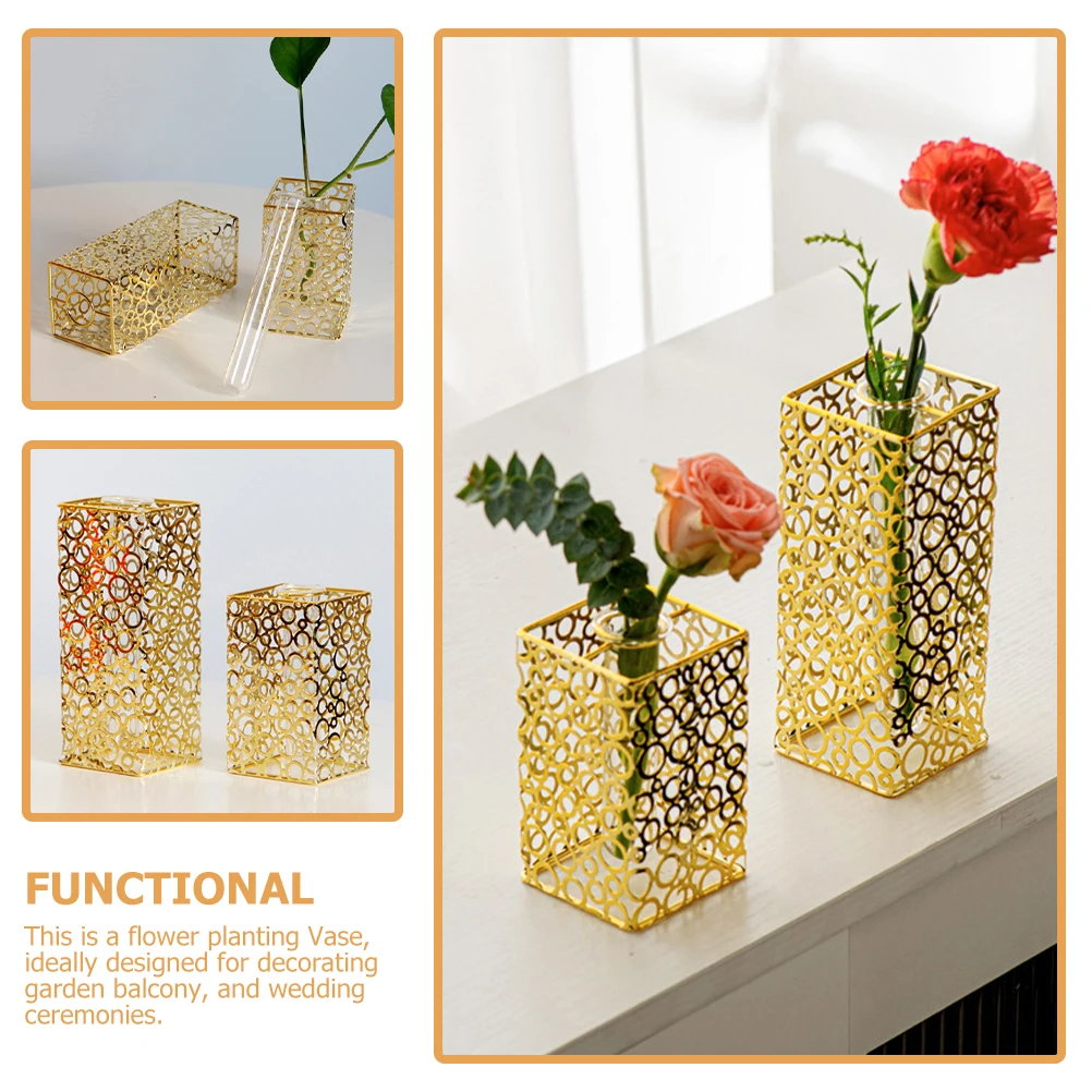 

Metal Flower Vase Tube Planter with Glass Vase Stand Minimalist Hydroponic Flower Arrangement Holder for Table Window Decoration