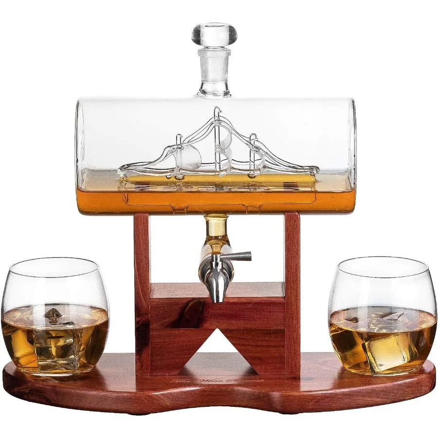 

Whiskey Decanter Set Liquor Dispenser for Home Bar Crystal Glass 1250ml Ship and 2 Whiskey Glasses Beautiful Stand Gift for Dad