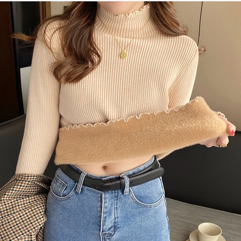 เสื้อสเวตเตอร์คอเต่าแต่งระบายสำหรับผู้หญิง ITOOLIN รุ่นฤดูหนาว ผ้าฟลีซหนานุ่ม อุ่นสบาย เก็บความร้อน เสื้อกันหนาวสำหรับผู้หญิง ผ้าแคชเมียร์