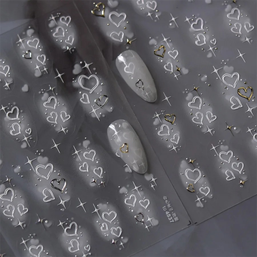 

1 шт. Японские декоративные наклейки для ногтей, 5D рельефные стикеры для ногтей, горячее тиснение, золото, серебро, белые сердечки, самоклеящиеся наклейки для нейл-арта