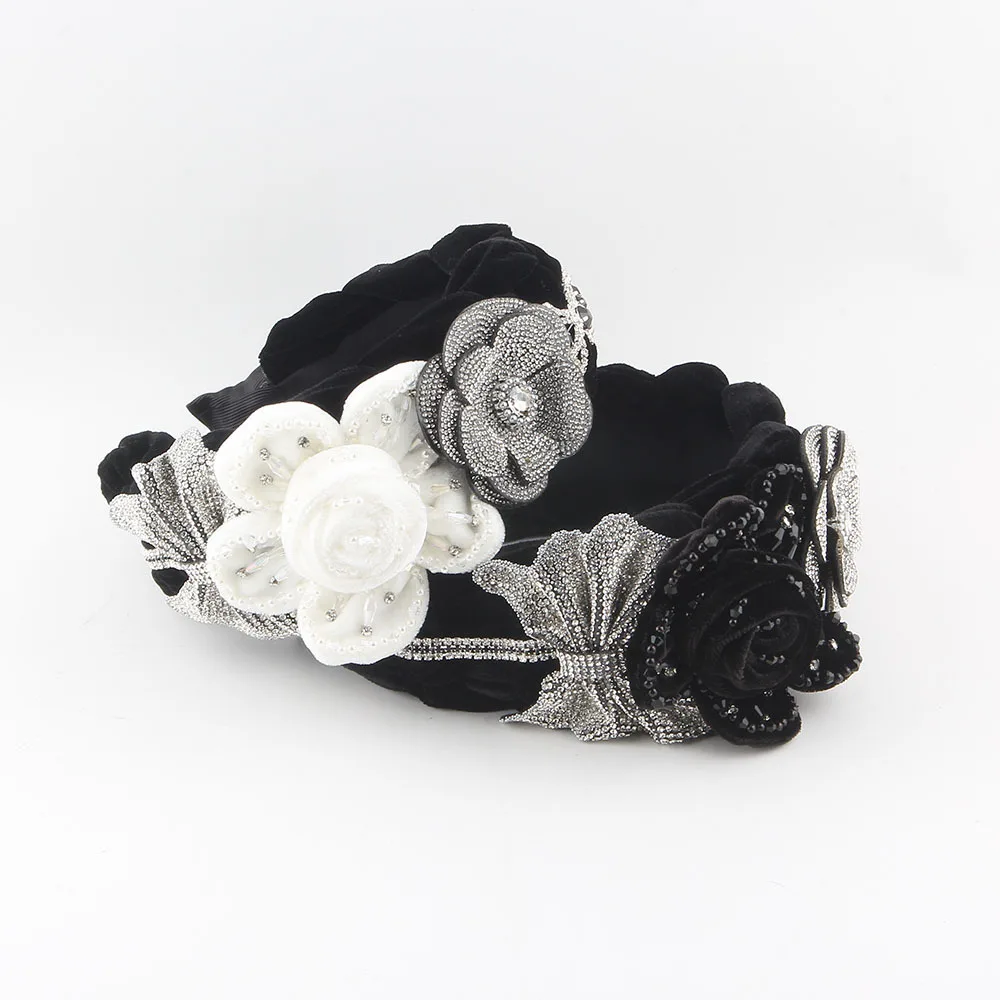 New fashion large intestine French lace rose headband retro diamond-encrusted fleece fabric hair accessories headgear wholesale